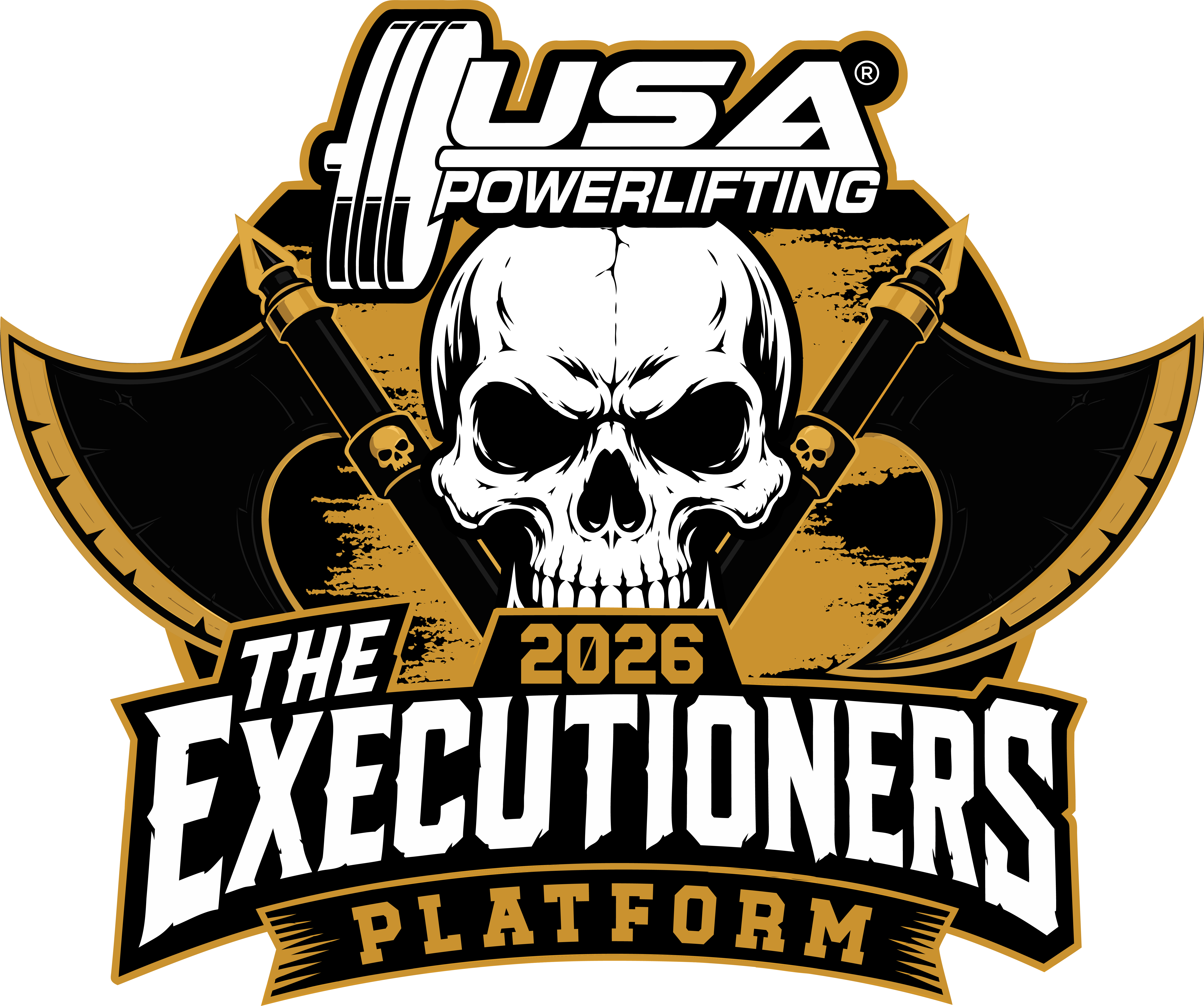 The Executioners Platform 2026 USA Powerlifting meet logo with a skull and crossed axes